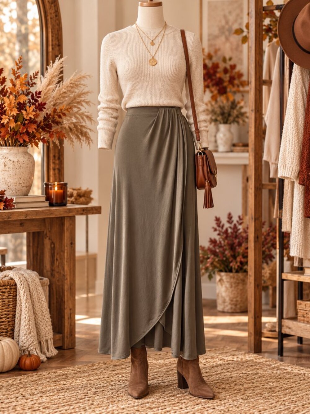 Free People Smoke & Mirrors Faux Wrap Maxi Skirt XS Olive Green Boho